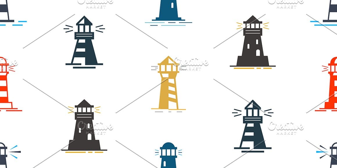 On a white background, a tall Lighthouse Set with rays of light spreading around.