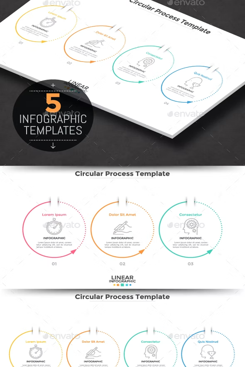 Illustrations 5 circular infographic templates with arrows of pinterest.