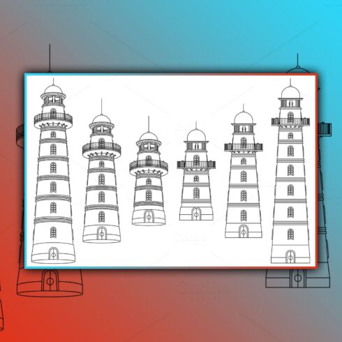 Vector Outline Lighthouse Beacon Set on Blue and Orange Background.