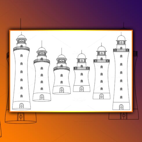 Outlines of lighthouses with a rounded roof and a spire on it.
