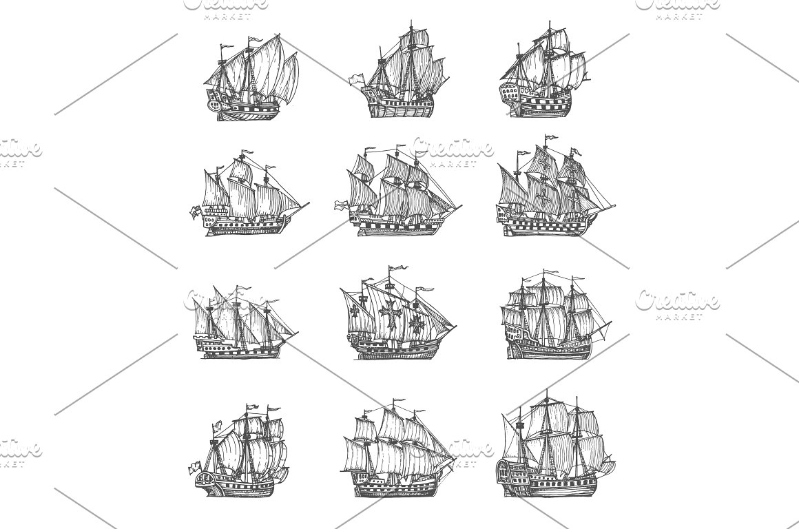 Vintage pirate sail ships.