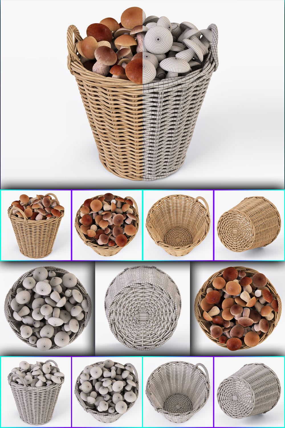 3D model of basket with mushrooms in brown and gray.