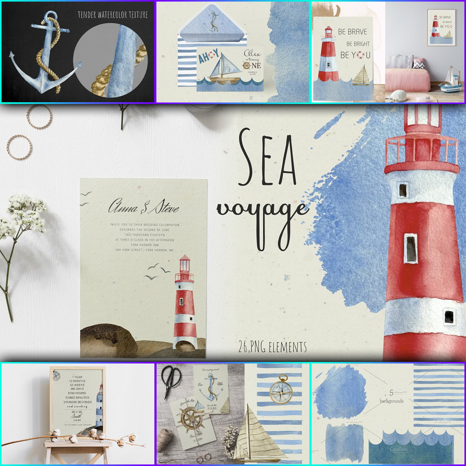Images preview watercolor nautical clipart.