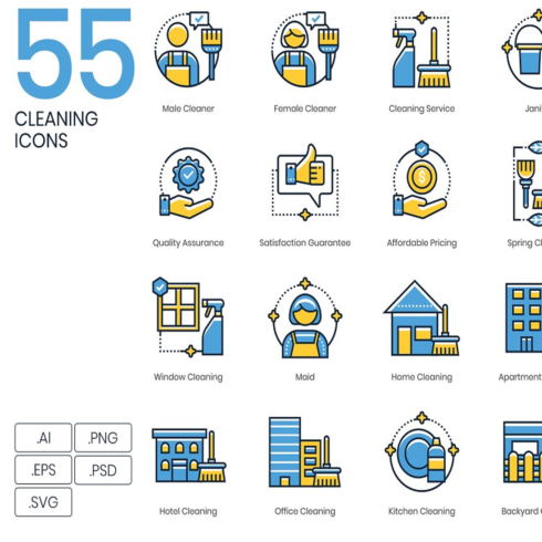 Images preview 55 cleaning icons kinetic series.