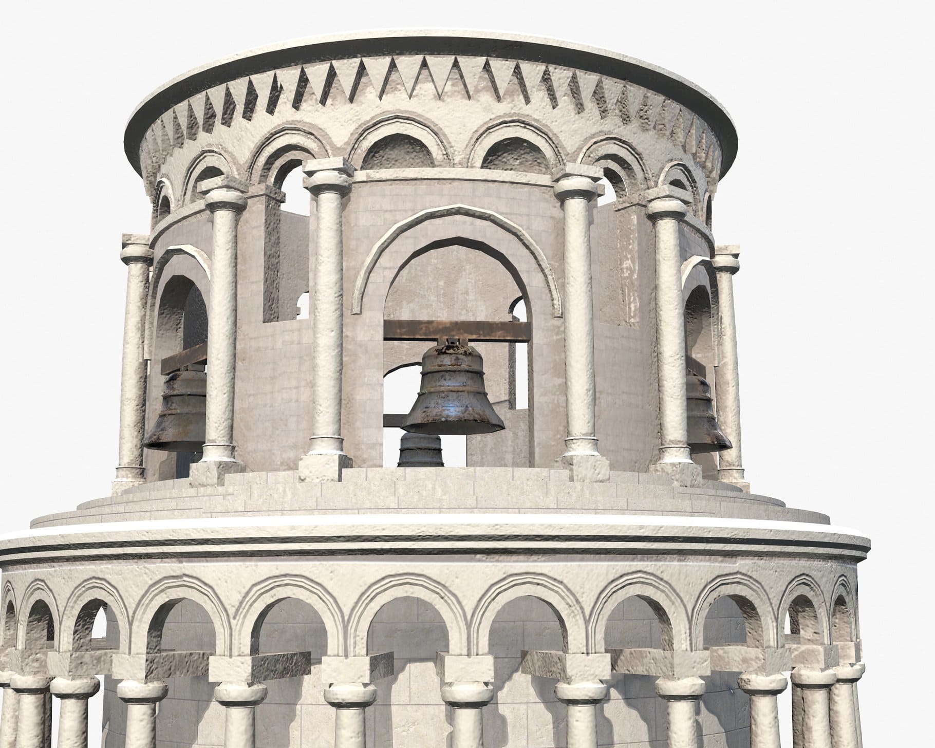 Metal bells are depicted on a 3D model of the Leaning Tower of Pisa.