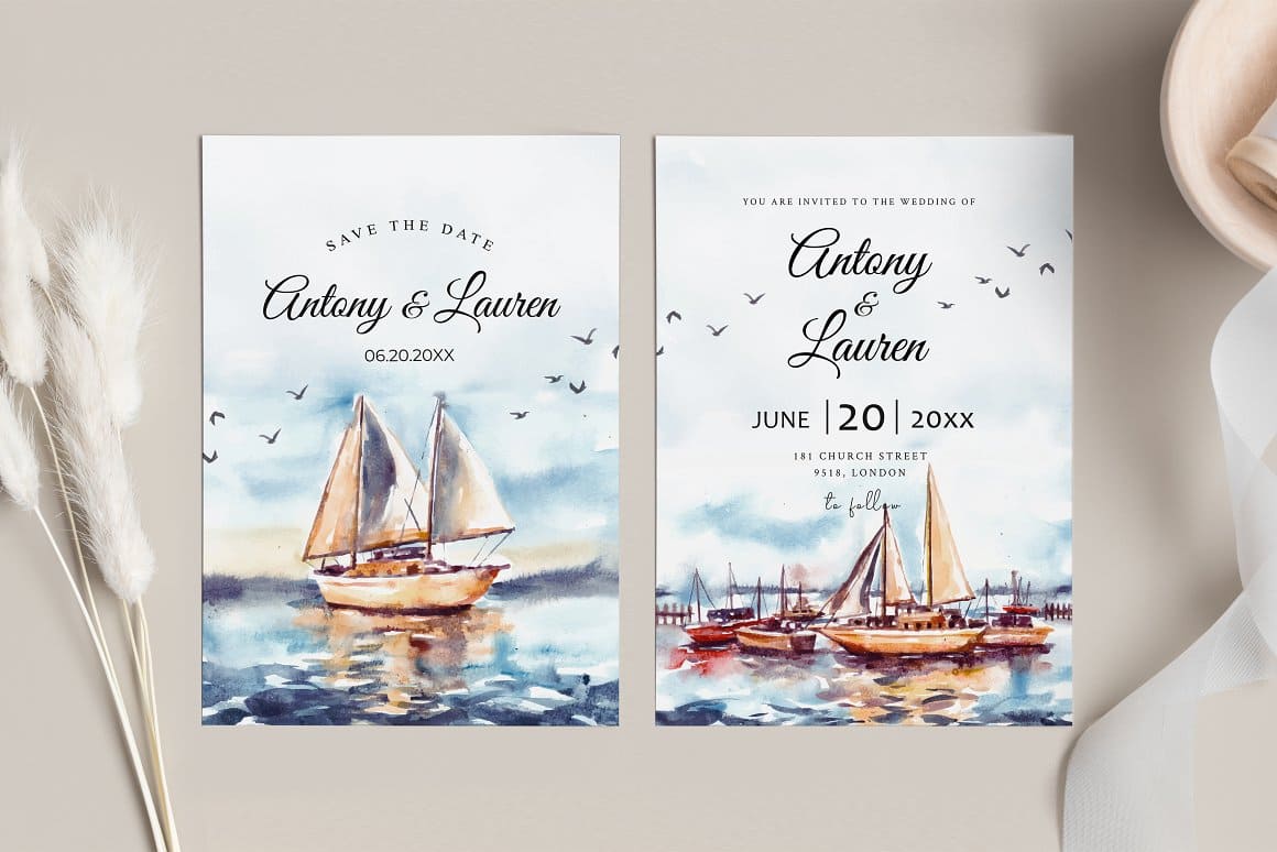 Two cards with drawn boats and a text about an invitation to an important event.