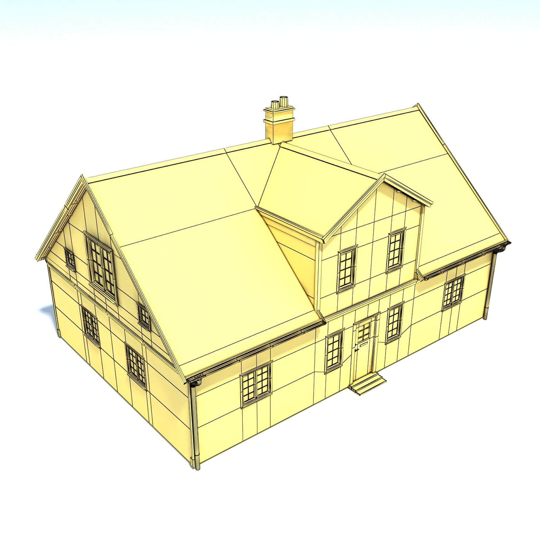 Yellow 3D model of a two-story house.