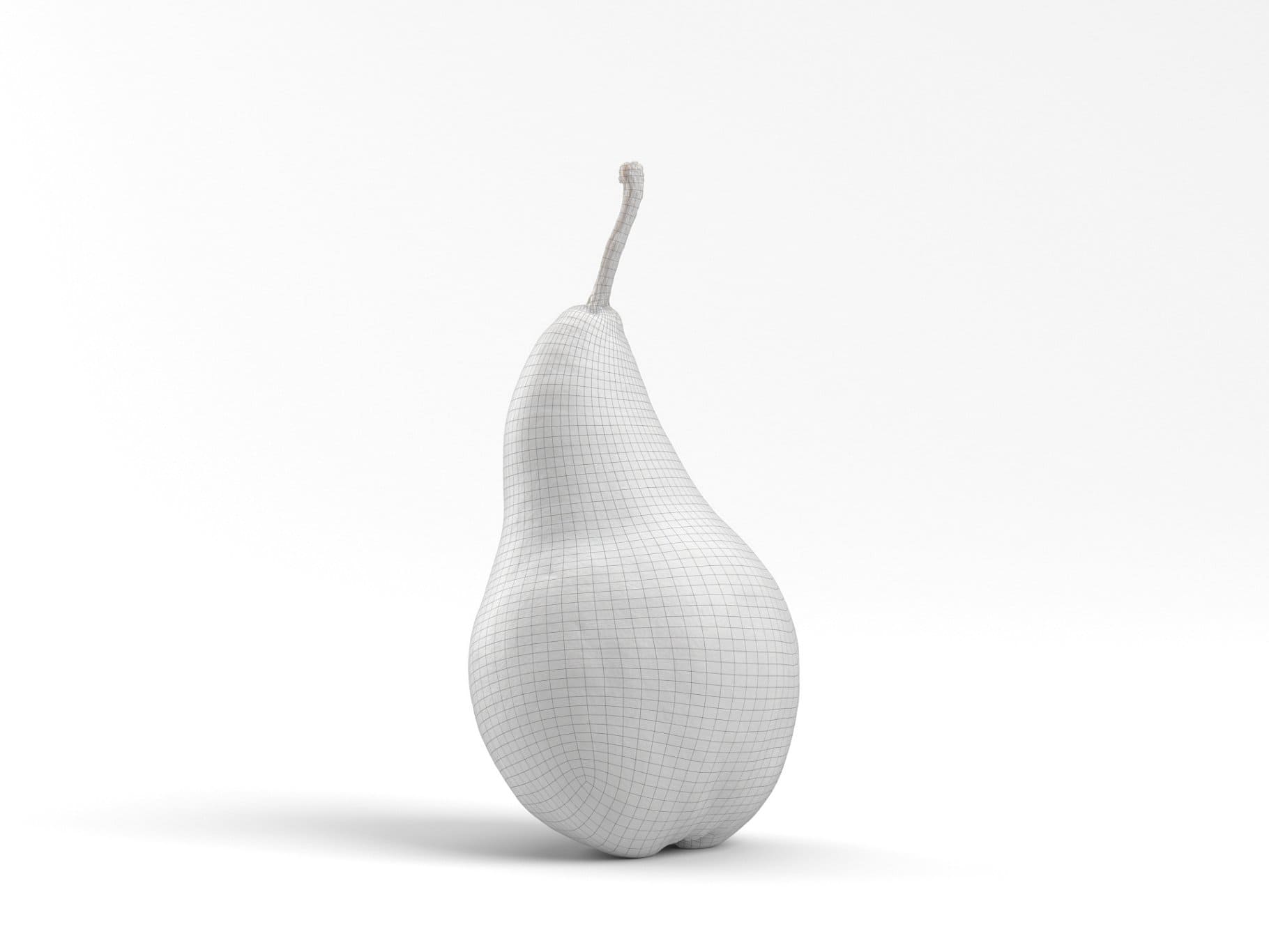 3D model of a white pear with a gray tail on a white background.