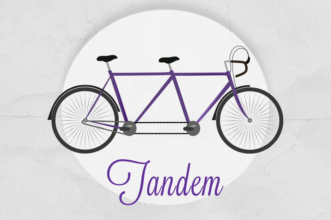 Purple tandem bicycle with two wheels.