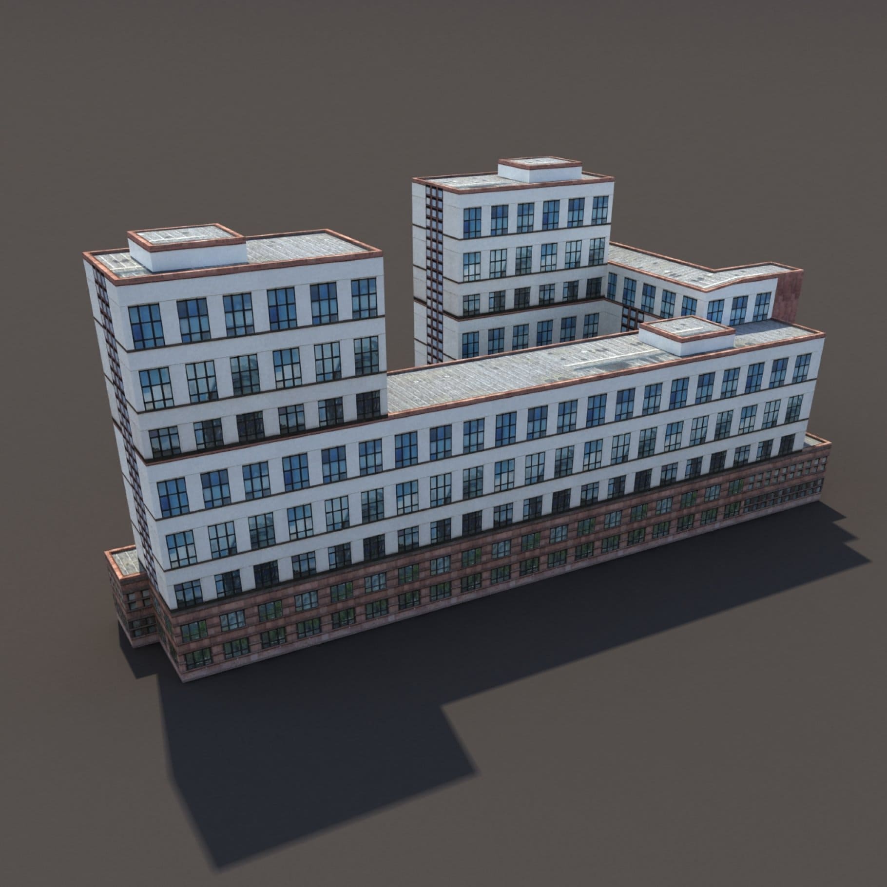 Side view of a 3D model of an office building.