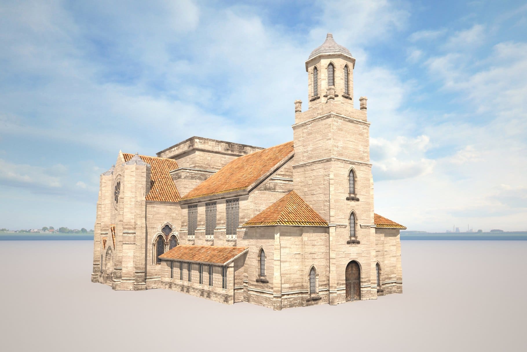 3D model of a church building with ancient doors.