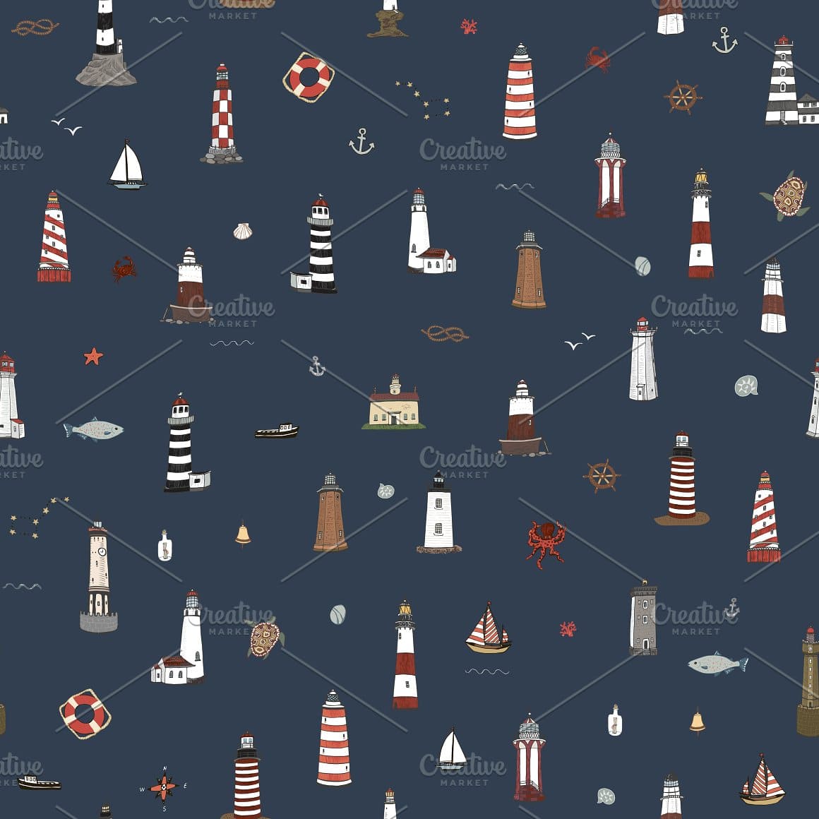 Small lighthouses, anchors, nautical knots, etc. are drawn on a dark blue background.