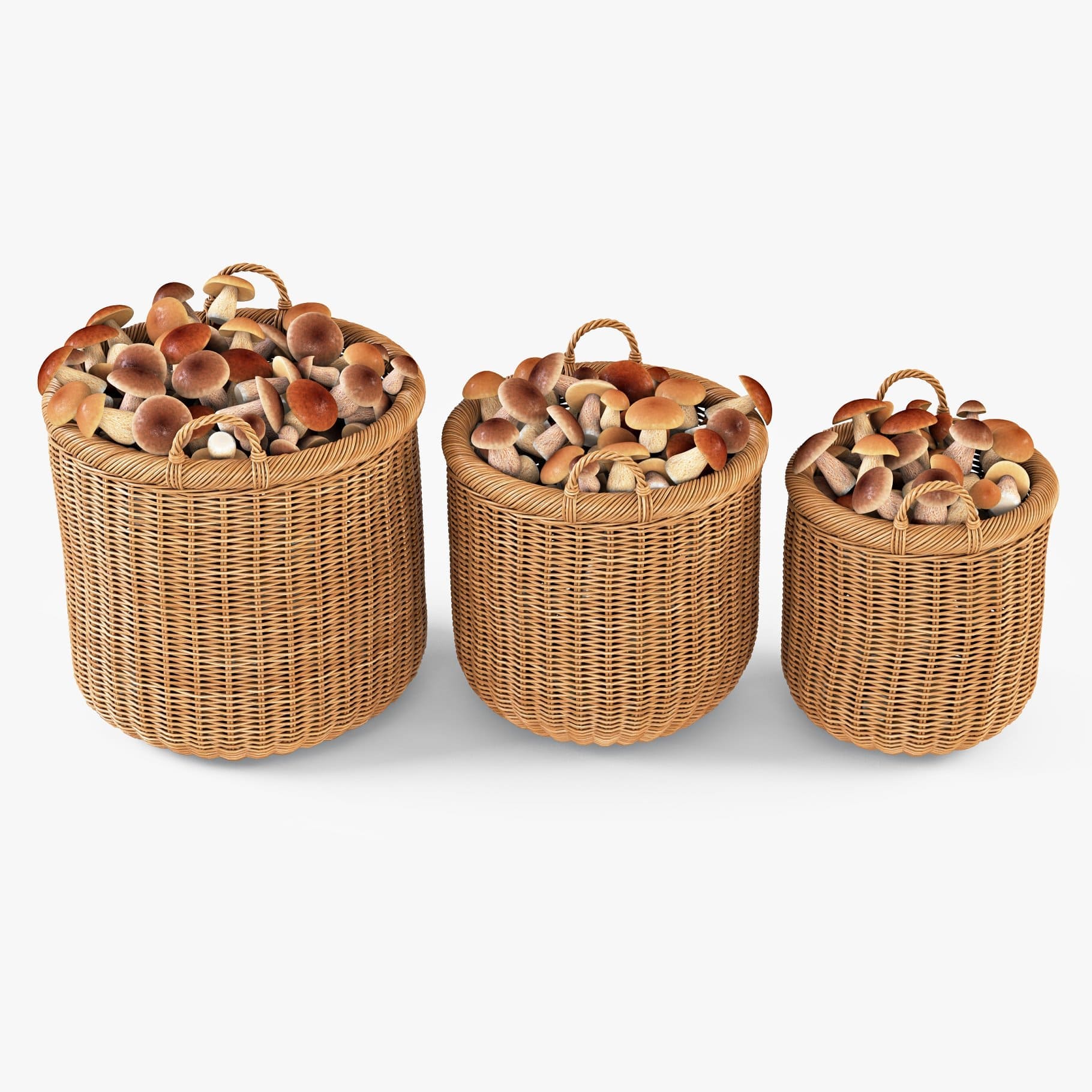 Wicker baskets with handles with small mushrooms in the middle.