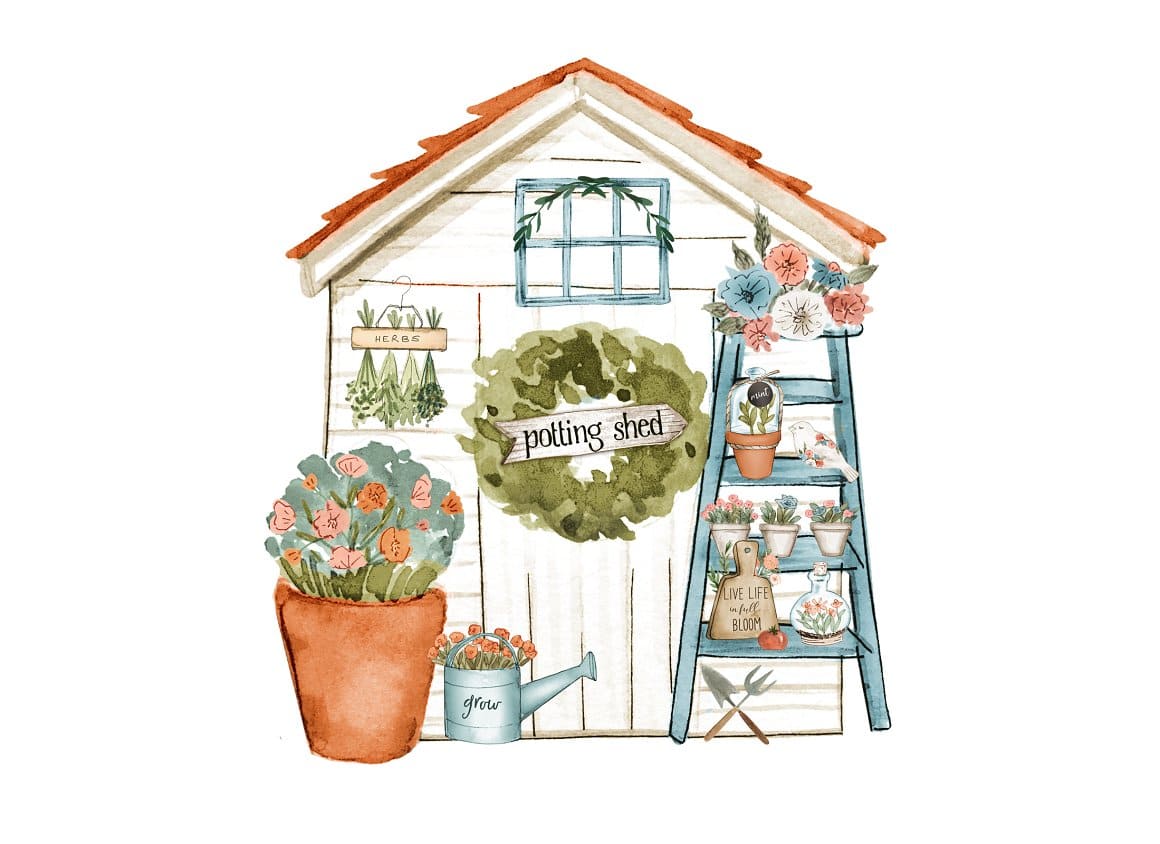 A house with red tiles is drawn in watercolor, and various plants are near the house.