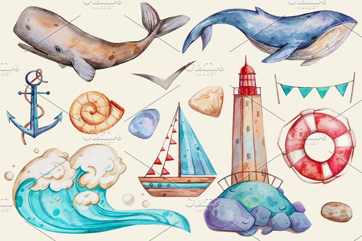 Whales and lighthouses are depicted.