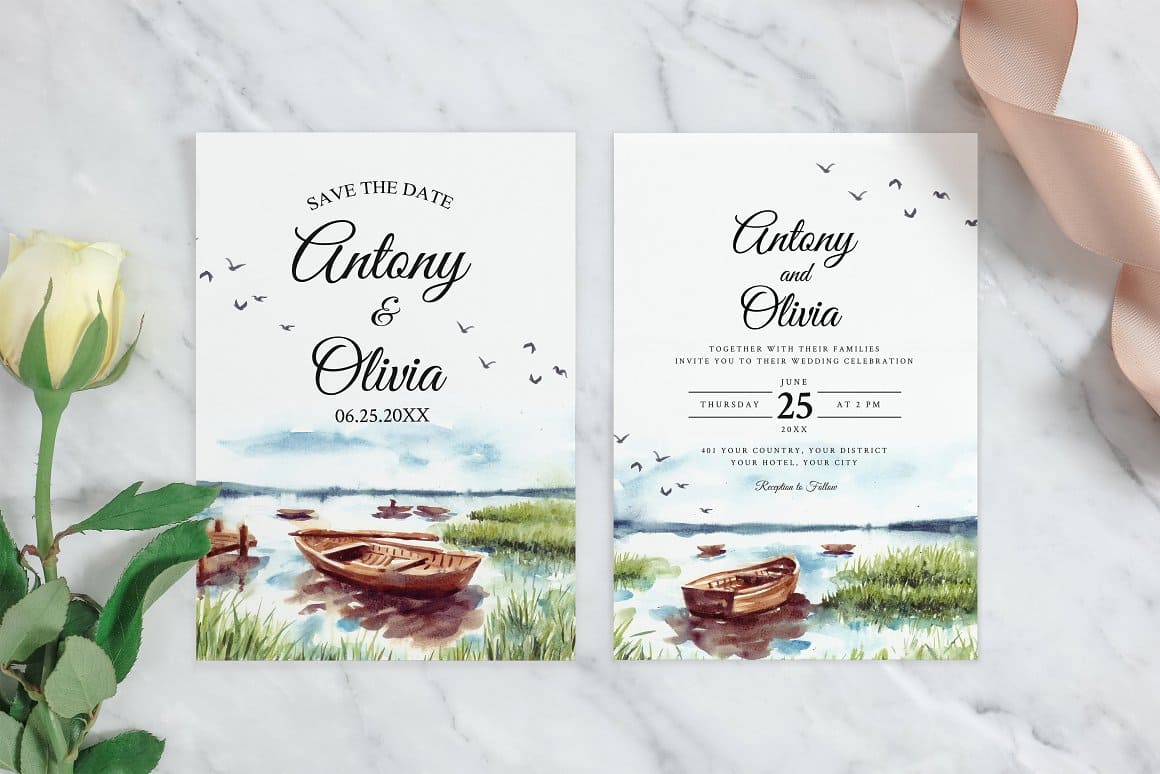 The wedding invitation is decorated with watercolor sea drawings.