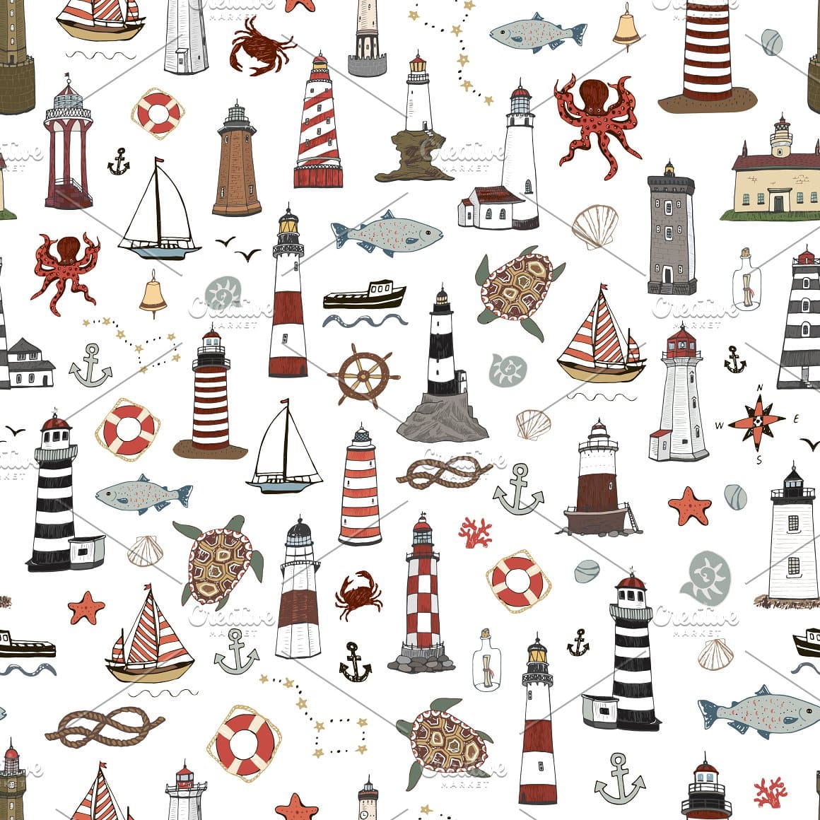 Constellations, shells, crabs, octopuses, lighthouses on a white background.