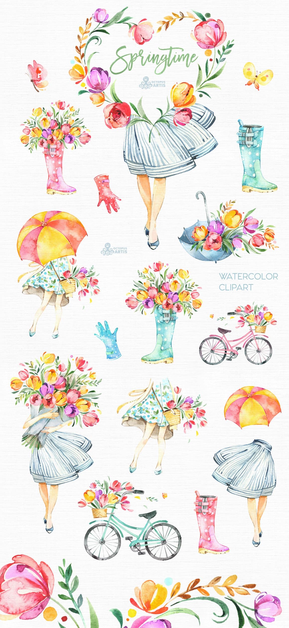Rubber boots, bicycle, umbrellas are decorated with spring flowers.