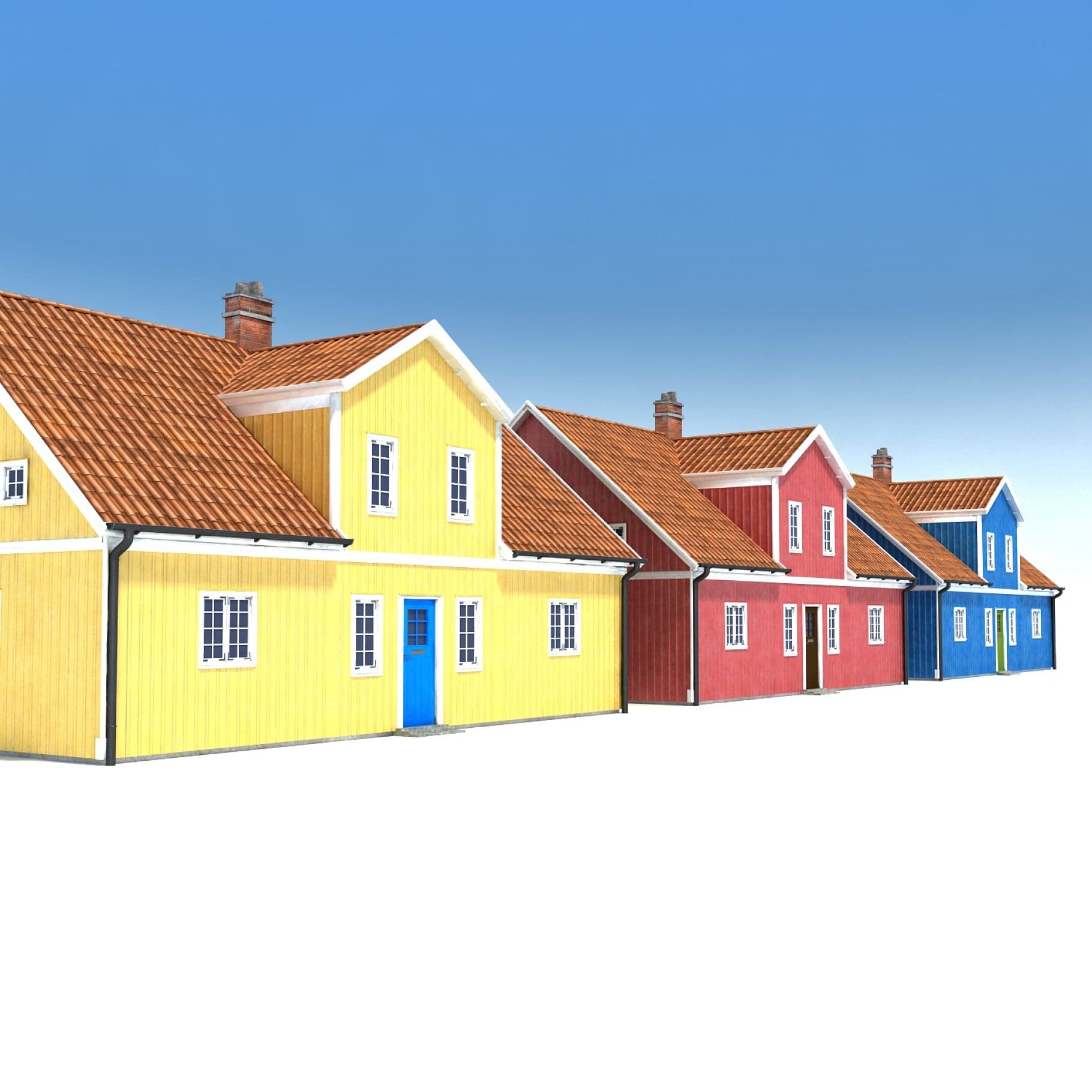 Three 3D models of houses with chimneys.