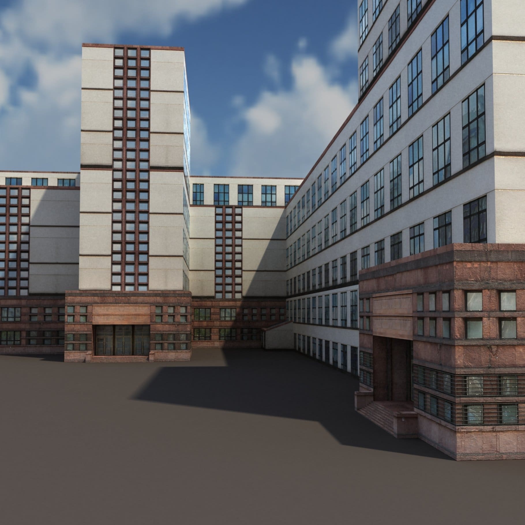 3D model of an office building where concrete slabs and glass are combined.