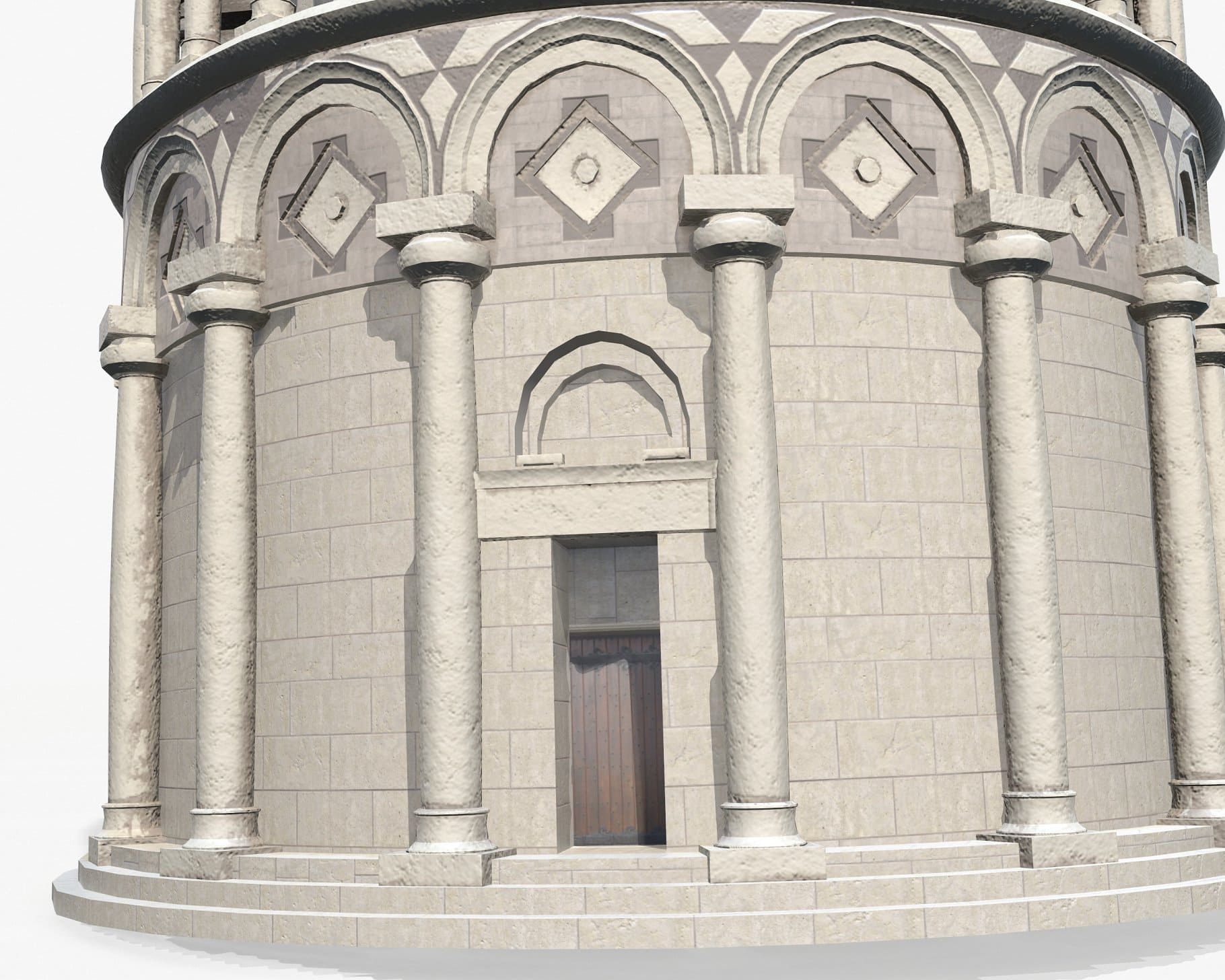 The entrance to the Leaning Tower between the columns is shown on the 3D model.