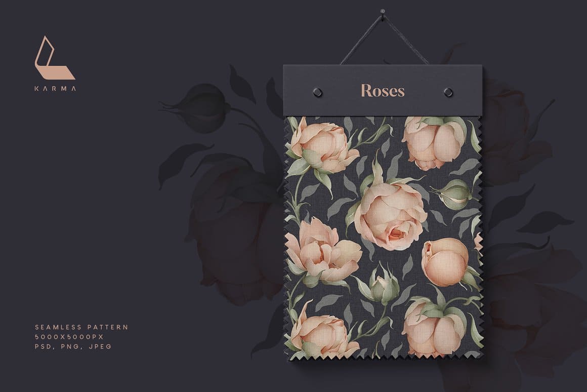 Black pattern with the image of beige roses.