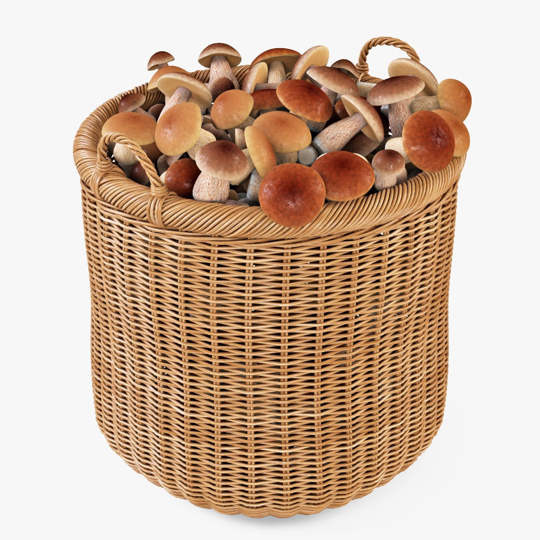 A basket with mushrooms is woven from a thin vine.