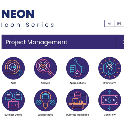 Images preview 74 project management icons neon.