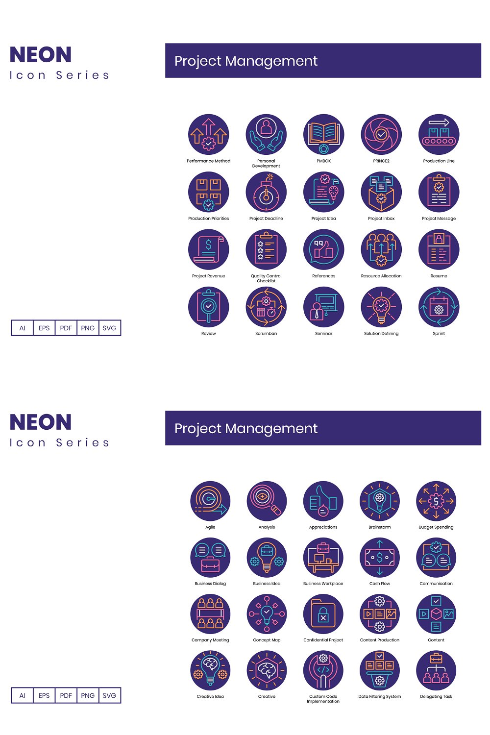 Illustrations 74 project management icons neon of pinterest.