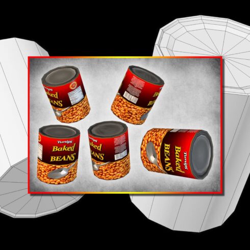 Five metal cans of baked beans.