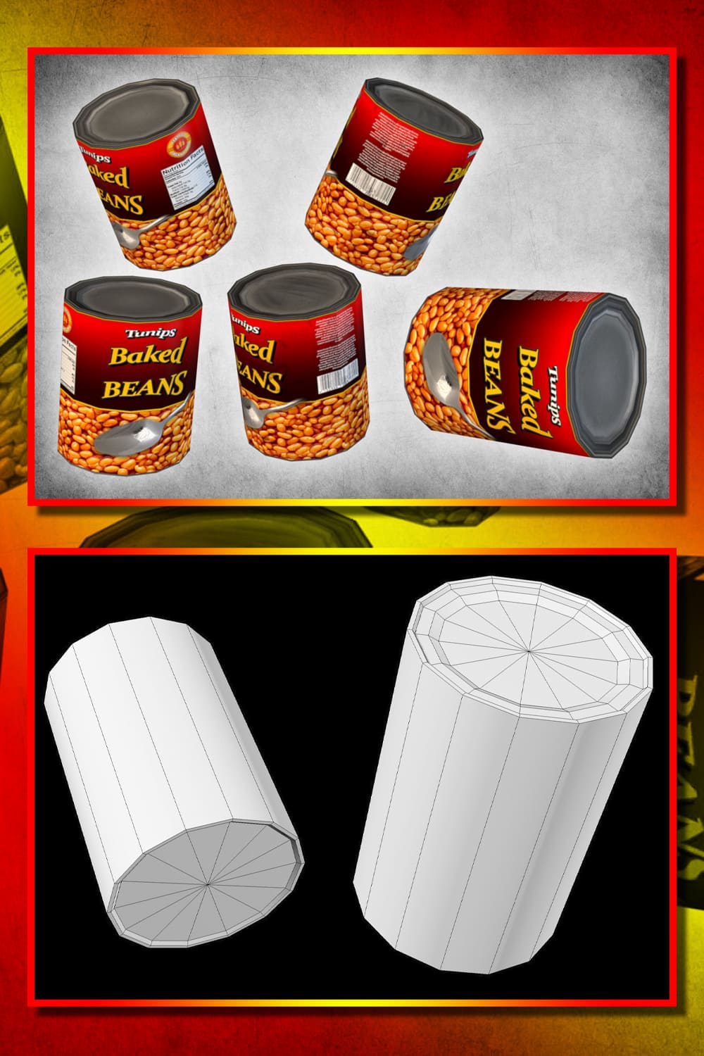 Two parallel 3D images with jars for baked beans.
