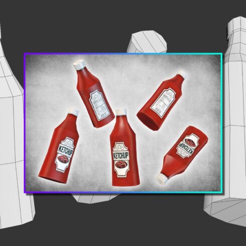 Red cans of ketchup on a gray background.