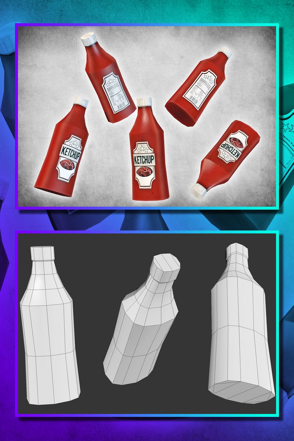 Two parallel images with plastic ketchup cans and white 3D models of ketchup cans.