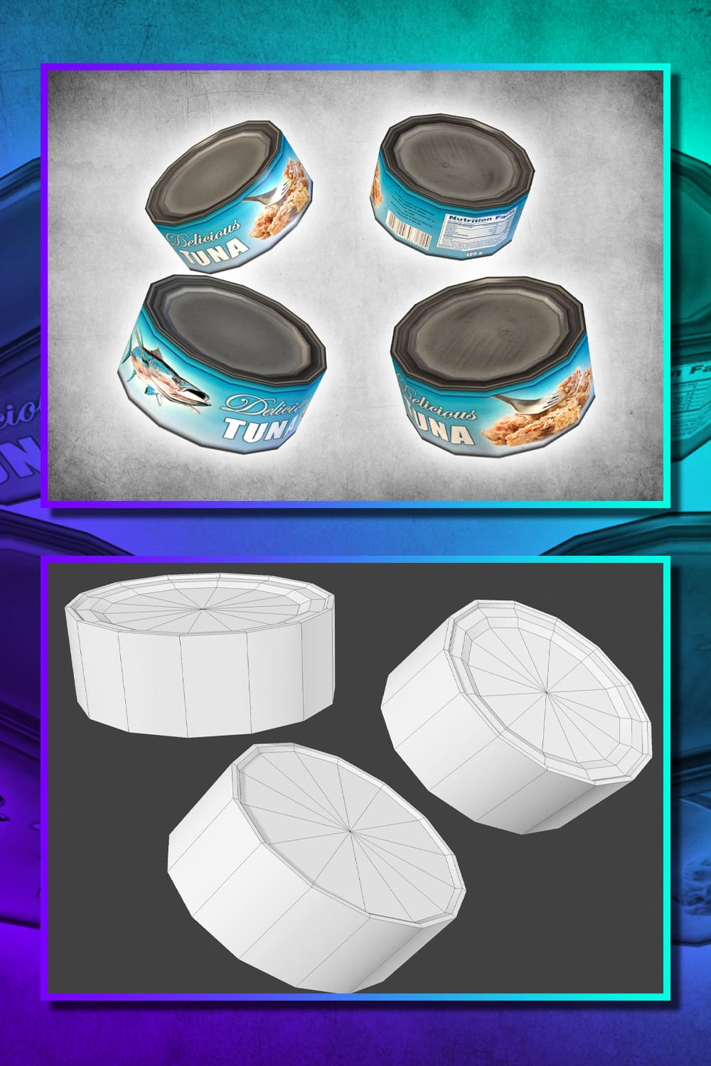 Two side-by-side images of realistic tuna cans and mock-up tuna cans.