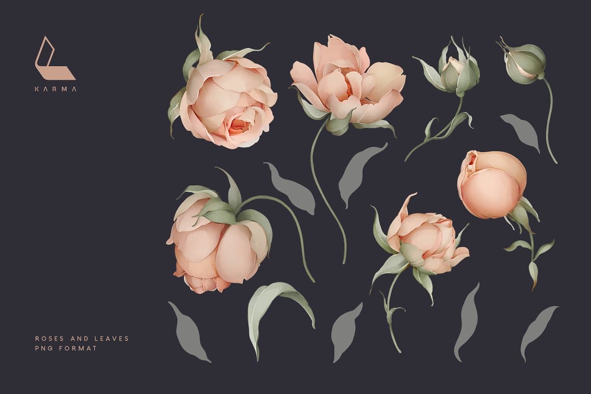 Elements of beige roses and leaves.