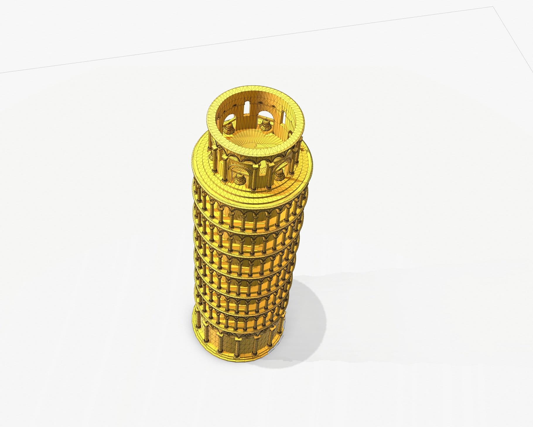 Top view of a yellow 3D model of the Leaning Tower of Pisa.
