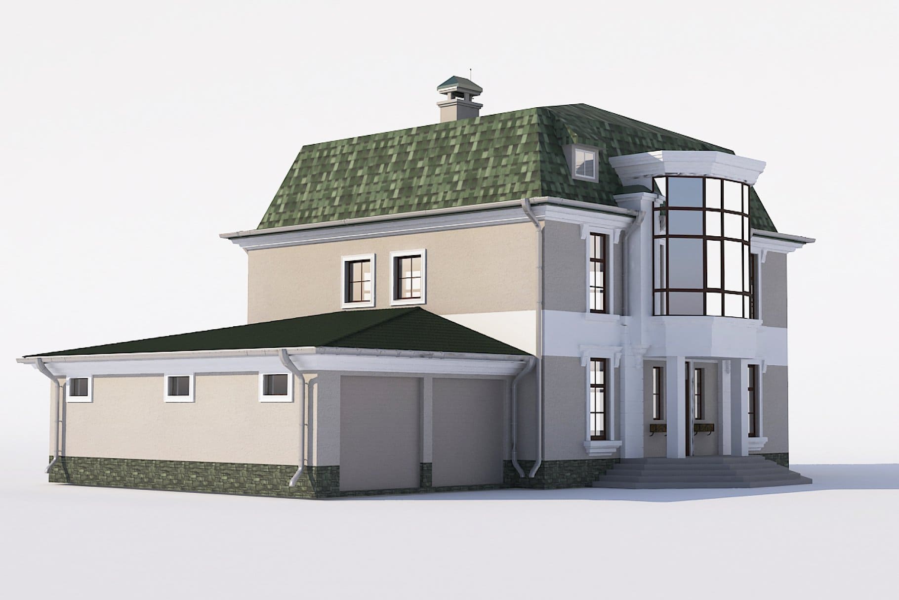 A two-story house with a green roof.