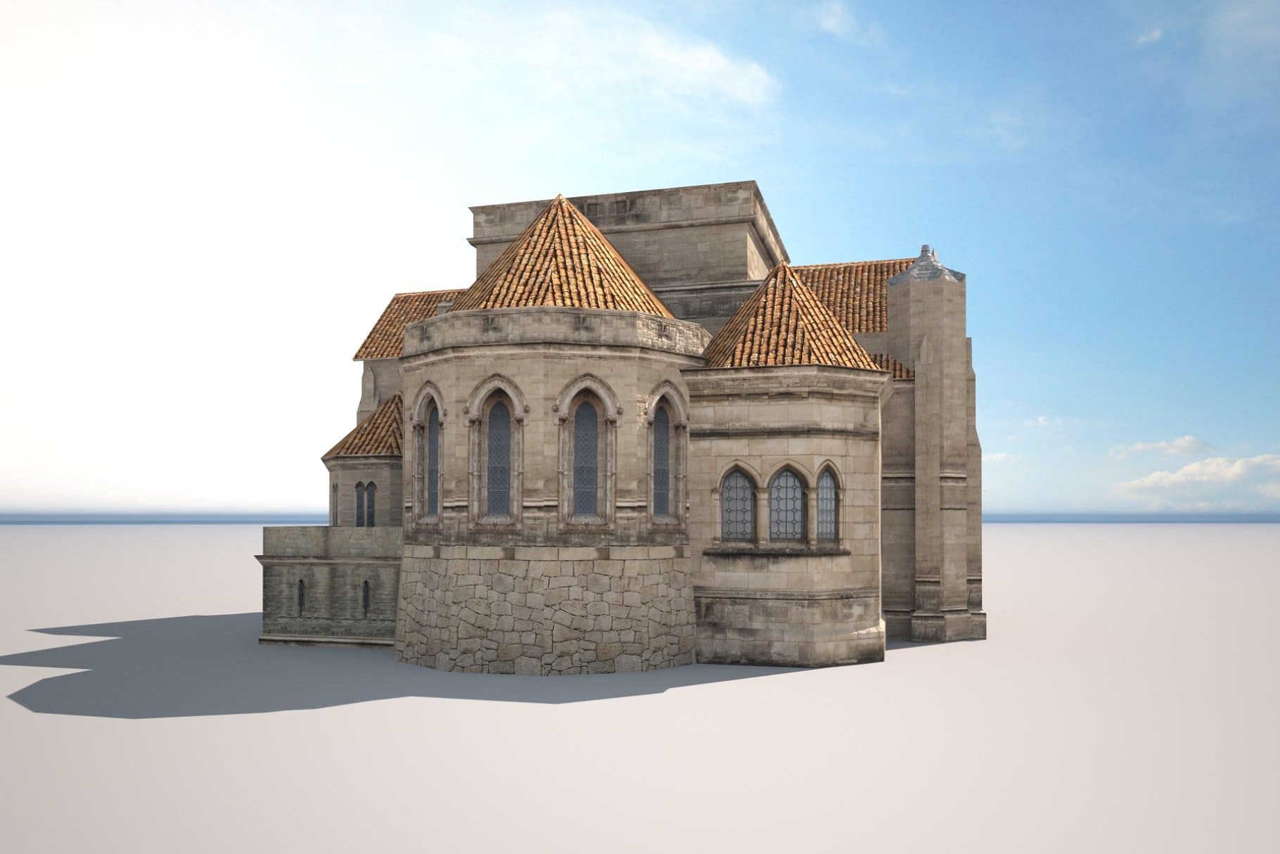 3D model of a church building with long columns.