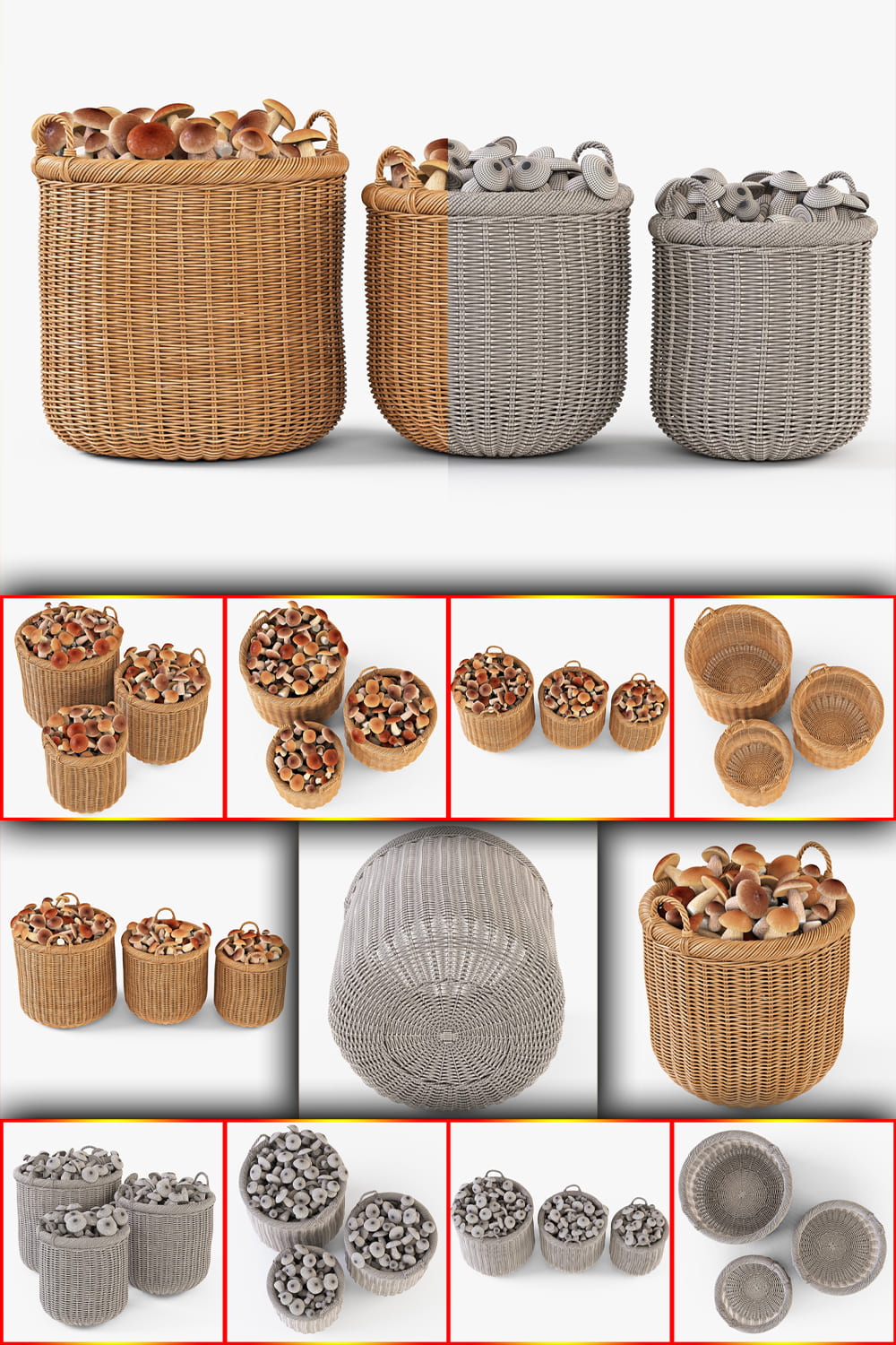 Small and large pictures with 3D models of baskets with mushrooms.