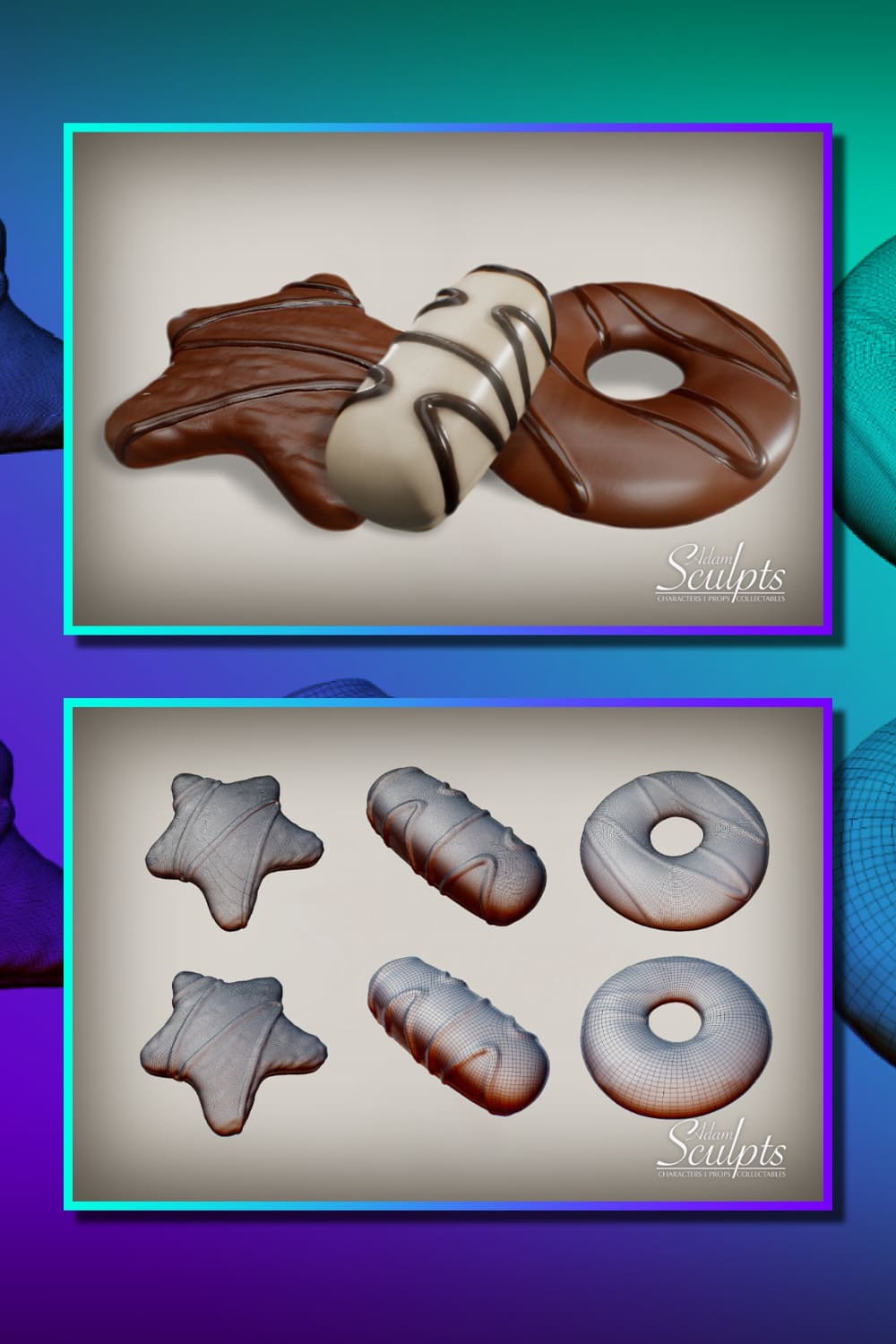 Two parallel images of cookies with glaze and amazing decorations.