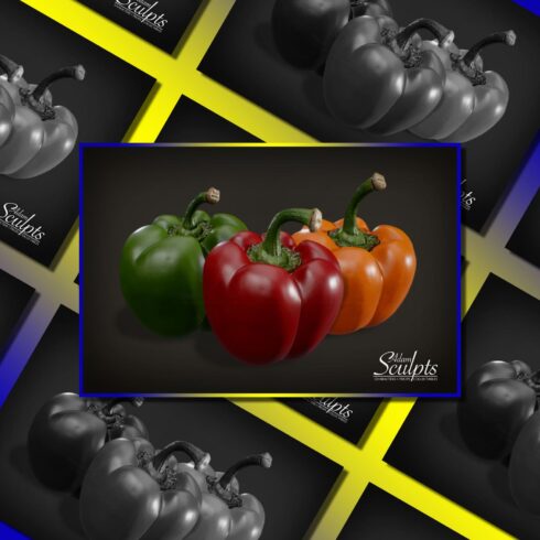 Colored bell peppers on a dark gray background.