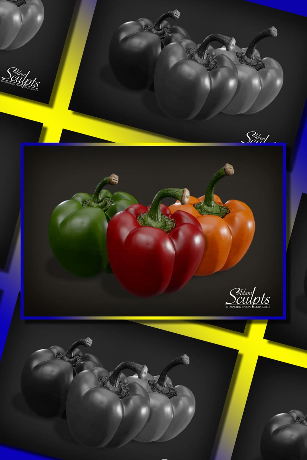 Black and white and color pictures with three bell peppers.