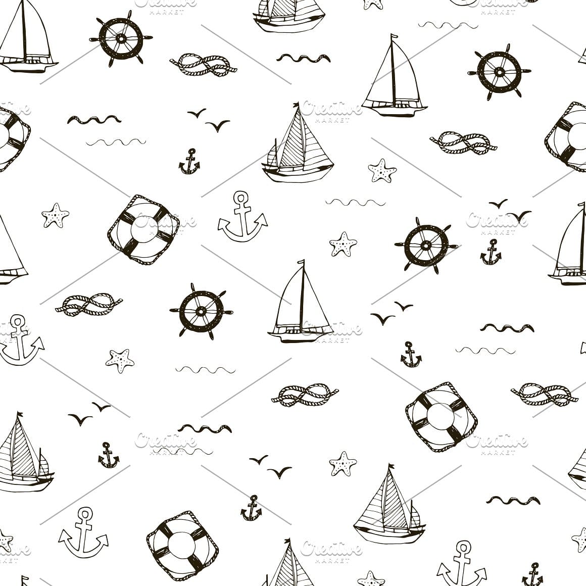 Starfish, yachts, waves on a white background.