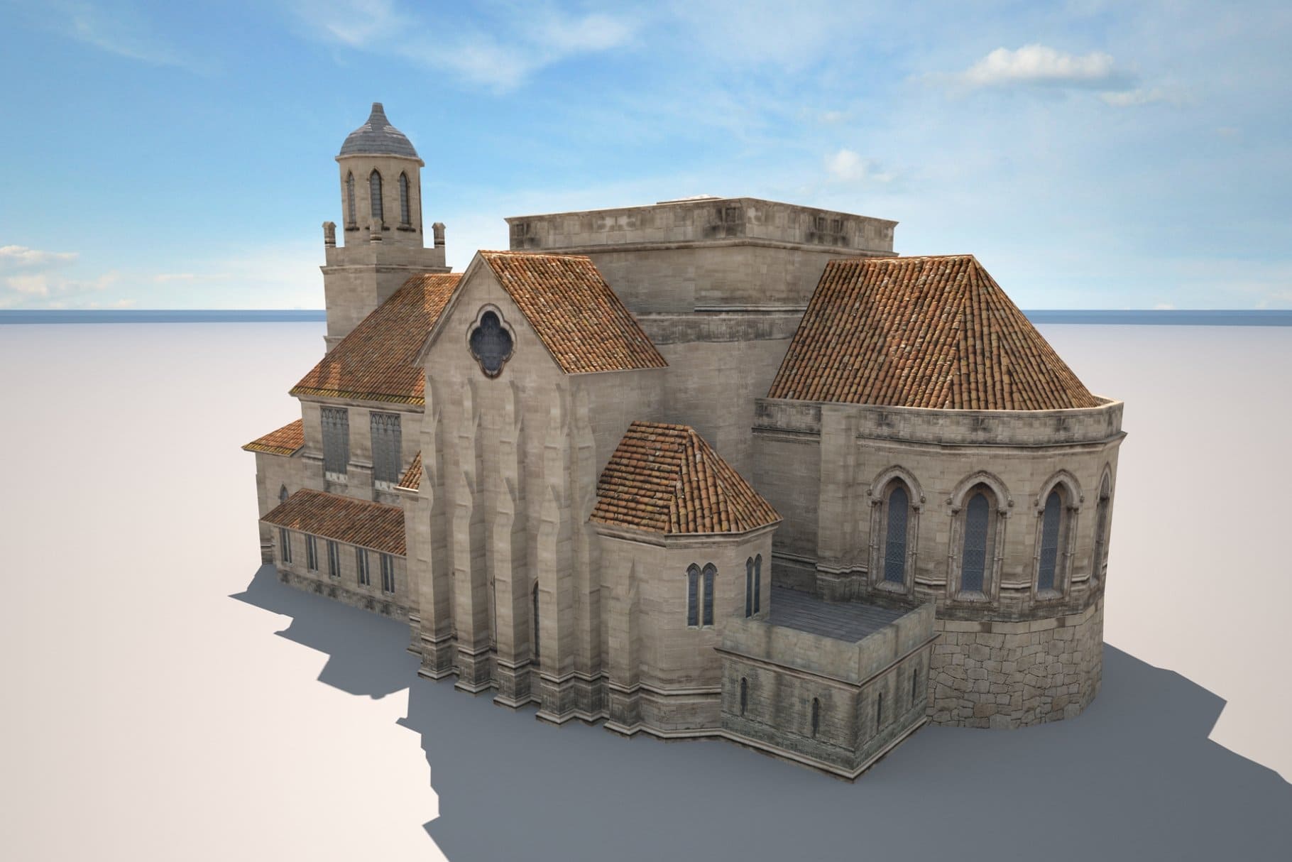 A combination of semicircular and rectangular structures in a 3D model of a church building.