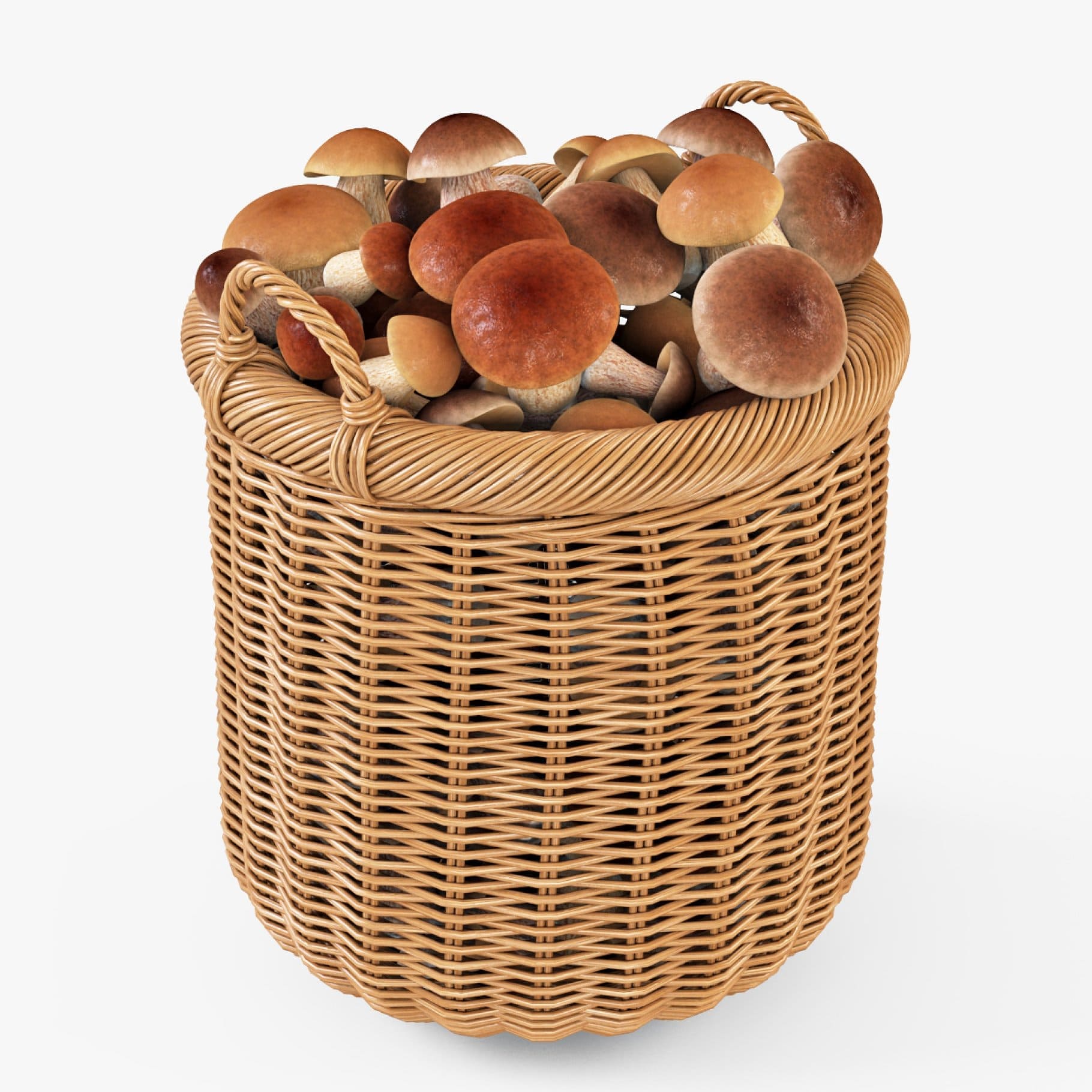 Brown mushrooms with white legs in a wicker basket.