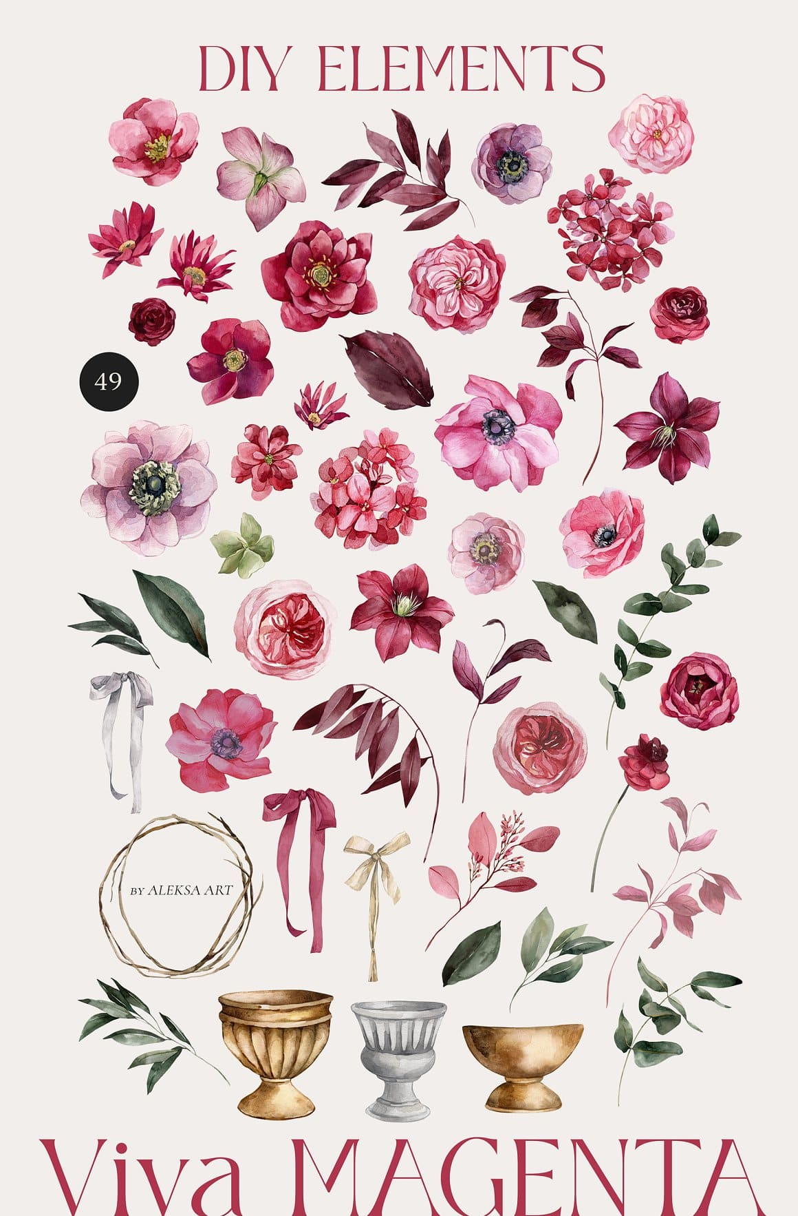 Floral elements: buds, leaves, twigs, ribbons and vases.