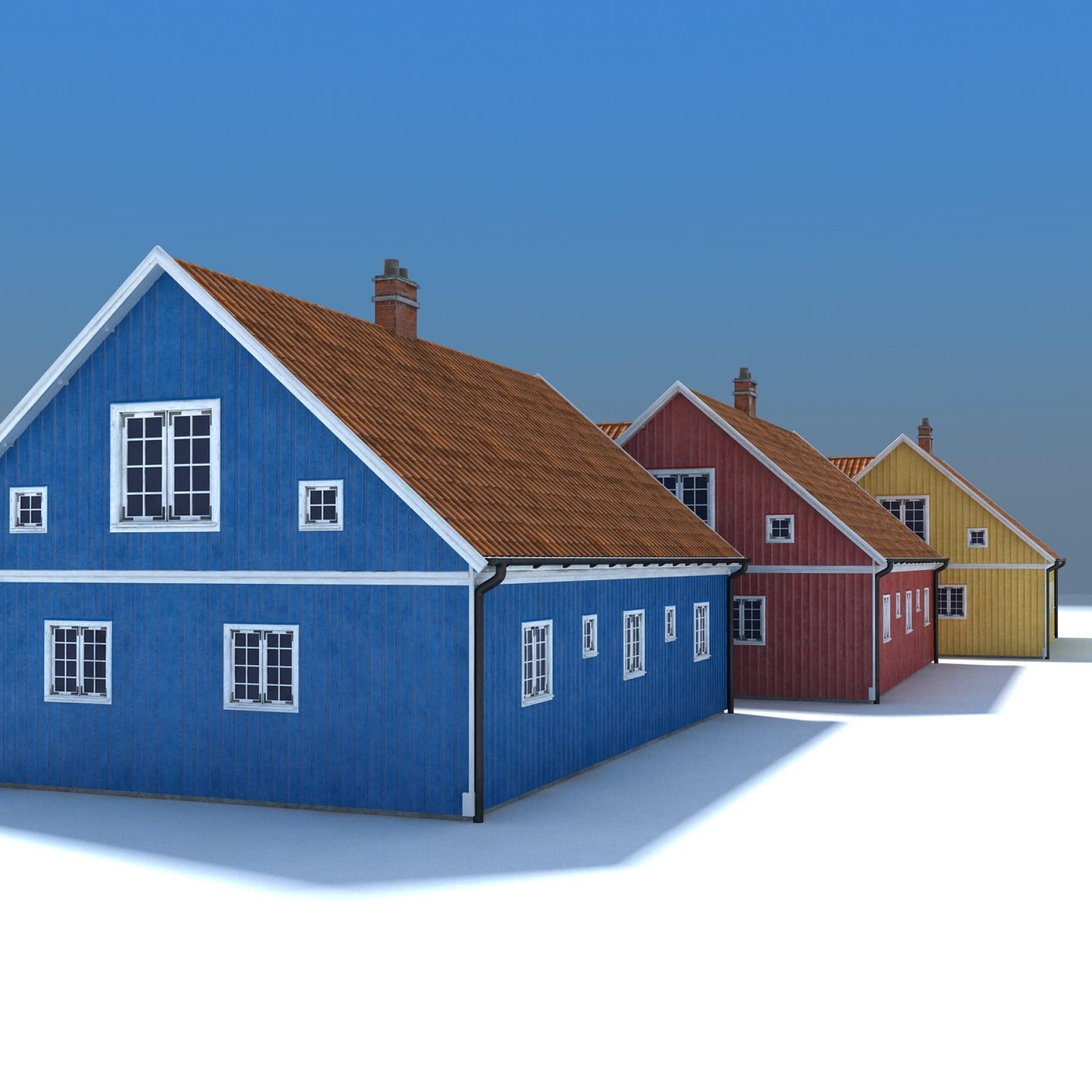 Sides of Three Houses Low Poly.