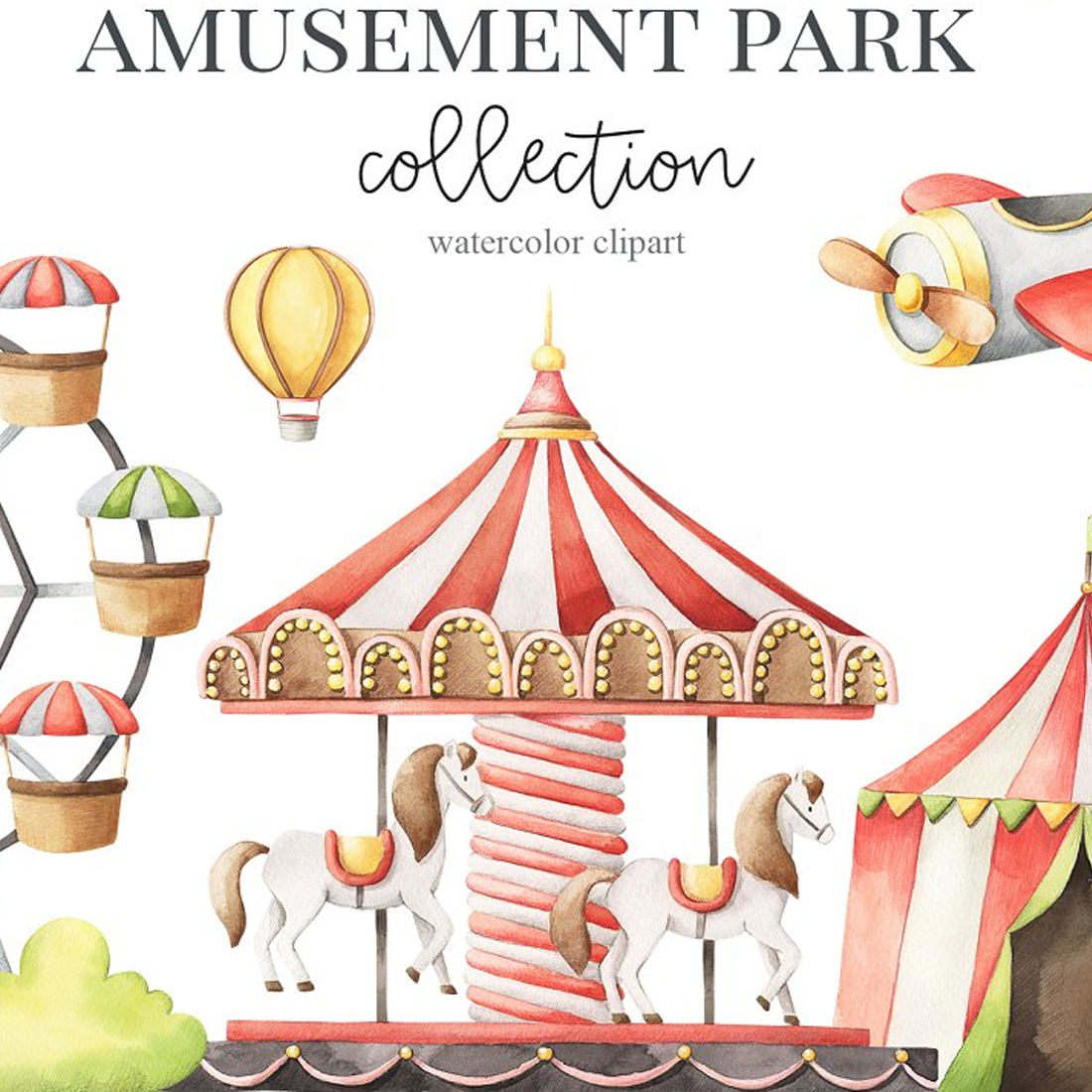 Images preview amusement park watercolor set.