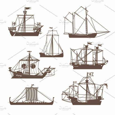 Set of vintage sailing ships, main picture.
