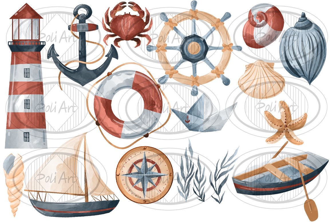 Anchor, rudder, and ship.